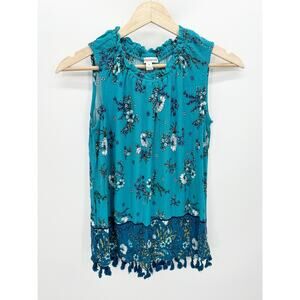 John Paul Richard Womens Blue Floral Sleeveless Tank Loose Top Tassel Size Small